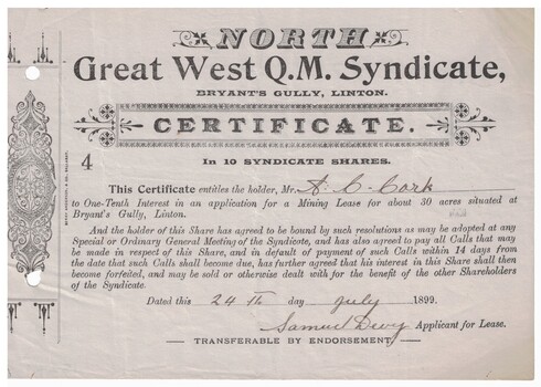 Mining lease certificate, Linton.