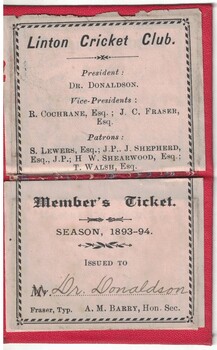 Linton Cricket Club Membership ticket.