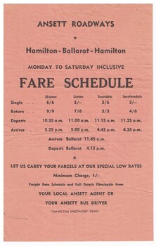 Fares and timetable for Ansett Roadways.