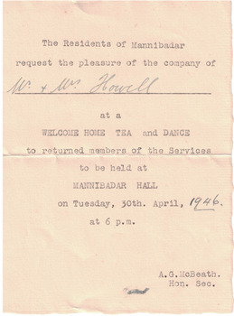 Invitation, tea and dance, World War II, Mannibadar