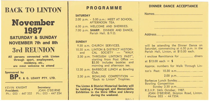 Yellow card programme with black printed text.