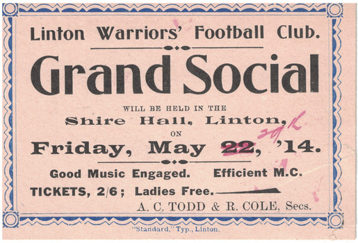 Ticket for football club social, 1914.