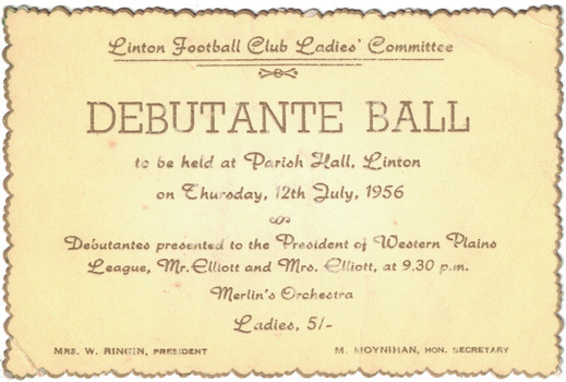 Yellow ticket for a football club debutante ball, 1956