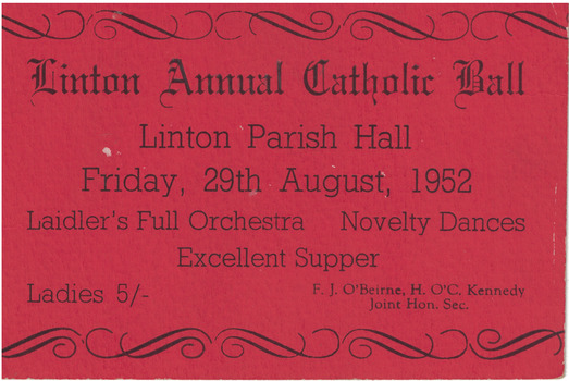 Red card ticket for a Catholic Ball, Linton, 1952