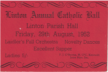 Red card ticket for a Catholic Ball, Linton, 1952