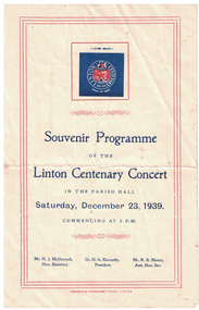 Souvenir programme for Linton Centenary Concert, 1939.
