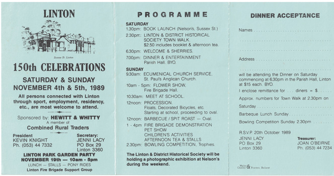 Blue card programme for Sesquicentenary celebrations, 1989
