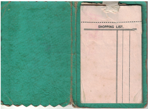 Green folder souvenir, shopping list inside.