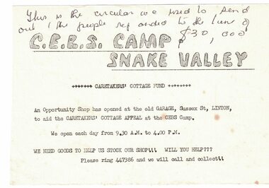 Leaflet, C.E.B.S. Camp, Snake Valley