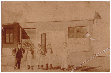 Photograph, C Gribble, 221 Inkerman St, St. Kilda  Photographer, Workers outside Grenville Standard building in Linton, c.1895