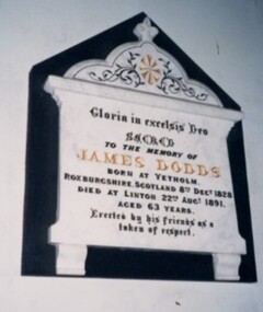 Photograph, Memorial tablet for James Dodds, in Presbyterian Church, Linton