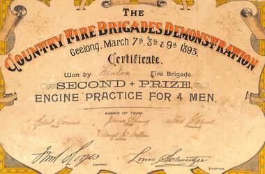 Certificate, Certificate awarded to Linton Fire Brigade, 1893