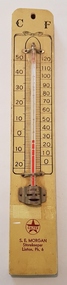 Wood and glass thermometer.