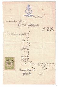 Invoice & Receipt, St. Aidan's College, Ballarat, 1913