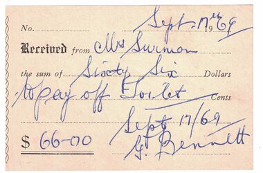 Receipt, Receipt issued to Mrs. Surman, 1969
