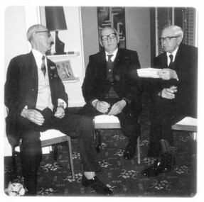 Photograph, Bill Todd, Frank O'Beirne and Mr Williams at Bill Todd's 92nd birthday, 1974