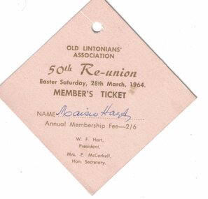 Ticket, Old Lintonians' Association 50th Reunion, 1964