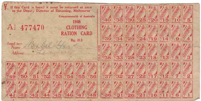 Red and white paper ration card.