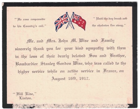 Bereavement Card, WWI.