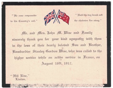 Bereavement Card, WWI.