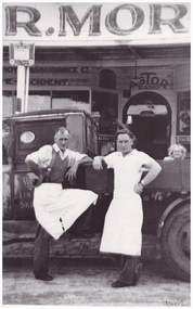 Photograph, Bert Rutherford, Alwyn Roberts and Carrie Murrell outside H. R. Morgan Store, Linton, 1946, 1946