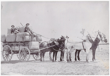 Bales of wool on a horsedrawn cart.