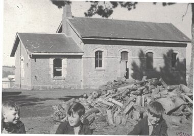 Three boys and a cat outside a Court House.