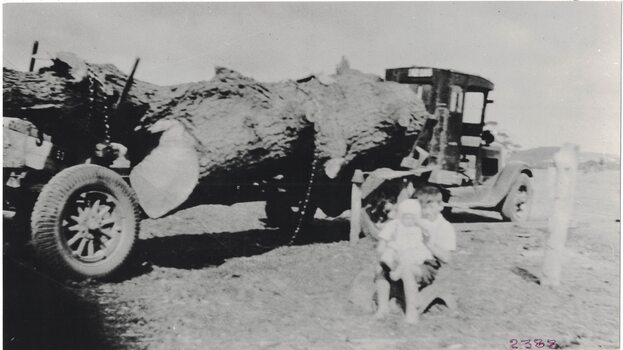 Large log behind a truck.