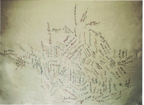 Image of a tablecloth with embroidered signatures.