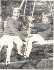 Two young girls on a swing.