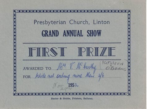 First prize certificate.