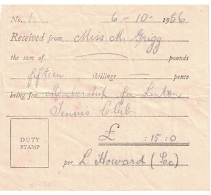Receipt for tennis club membership.