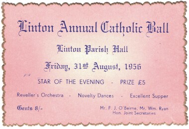 Ticket, Linton Annual Catholic Ball, 1956