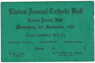Ticket, Linton Annual Catholic Ball, 1958