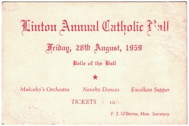 Ticket, Linton Annual Catholic Ball, 1959