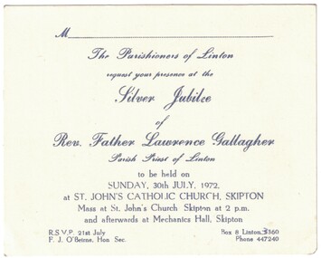 Invitation, Silver Jubilee, Rev. Father Lawrence Gallagher, 1972