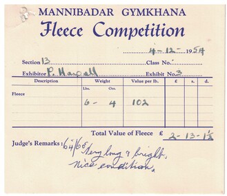 Certificate, Mannibadar Gymkhana Fleece Competition,  P. Howell, 1954