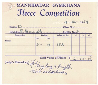 Exhibitor's ticket/Judge's assessment, Mannibadar Gymkhana Fleece Competition,  P. Howell, 1954