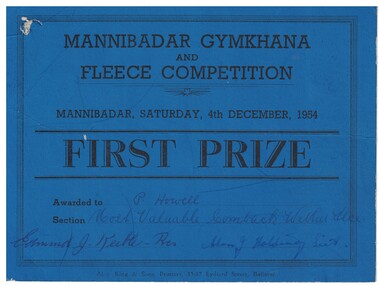 Prize Certificate, Mannibadar Gymkhana and Fleece Competition, First Prize,  P. Howell, 1954