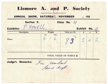 Certificate, Lismore A. & P. Society Annual Show, P. Howell