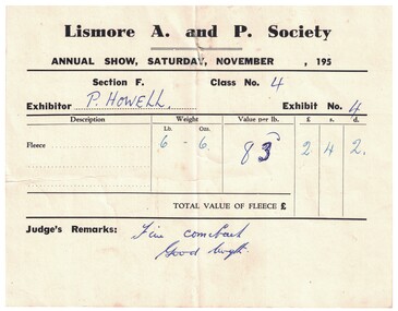 Exhibitor's ticket/Judge's assessment, Lismore A. & P. Society Annual Show, P. Howell