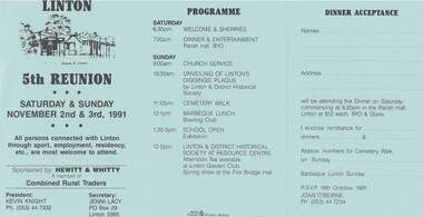 Programme, Linton 5th Reunion : Saturday and Sunday November 2nd & 3rd, 1991