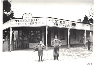 Photograph, Paddy Todd and Bill Stratton outside Todd Bros Butcher's building in Sussex Street, Linton, [c.1906]