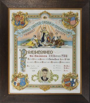 Framed illuminated certificate presented to J G Boyes. A member of the Bacchus Marsh Lodge of the Grand United Order of Oddfellows Friendly Society. 