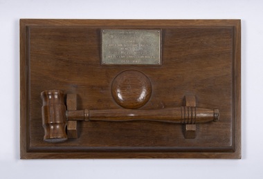 A hand made wooden gavel and sound block presented to Shire of Bacchus Marsh in memory of Alec William Bond. It was used by the Mayor to officiate at Council meetings.