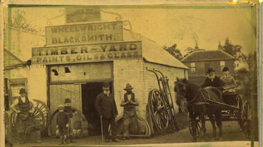 Photograph, James Reid's Wheelwright and Blacksmith's Shop 182 Main Street 1883