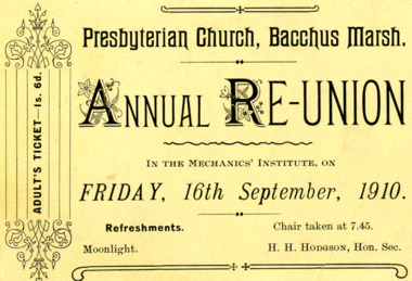 Ephemera - Ticket, Presbyterian Church Bacchus Marsh Annual Reunion 1910