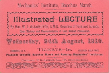 Ephemera - Ticket, Illustrated Lecture by Hon W. L. Allardyce on the Falkland Islands