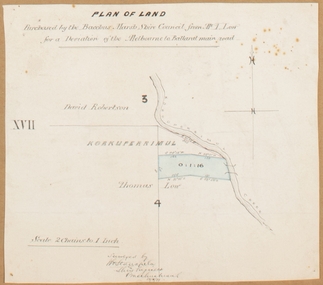 Map, Plan of land purchased by the Bacchus Marsh Shire Council from Mr. T. Low for a deviation of the Melbourne to Ballarat main road. 1877