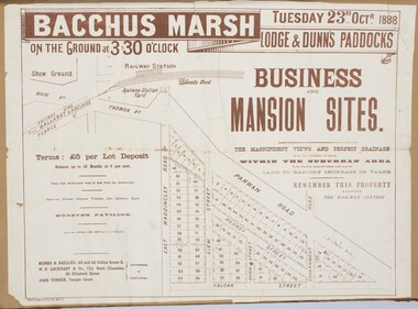 Map, Bacchus Marsh Tuesday 23rd Oct. 1888, Lodge & Dunn's Paddocks 1888. Business and Mansion Sites